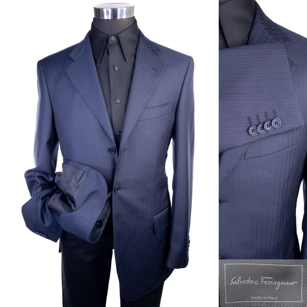 Salvatore Ferragamo ARTICOLO Blazer Coat 40L Striped Blue Wool 3-Button Jacket